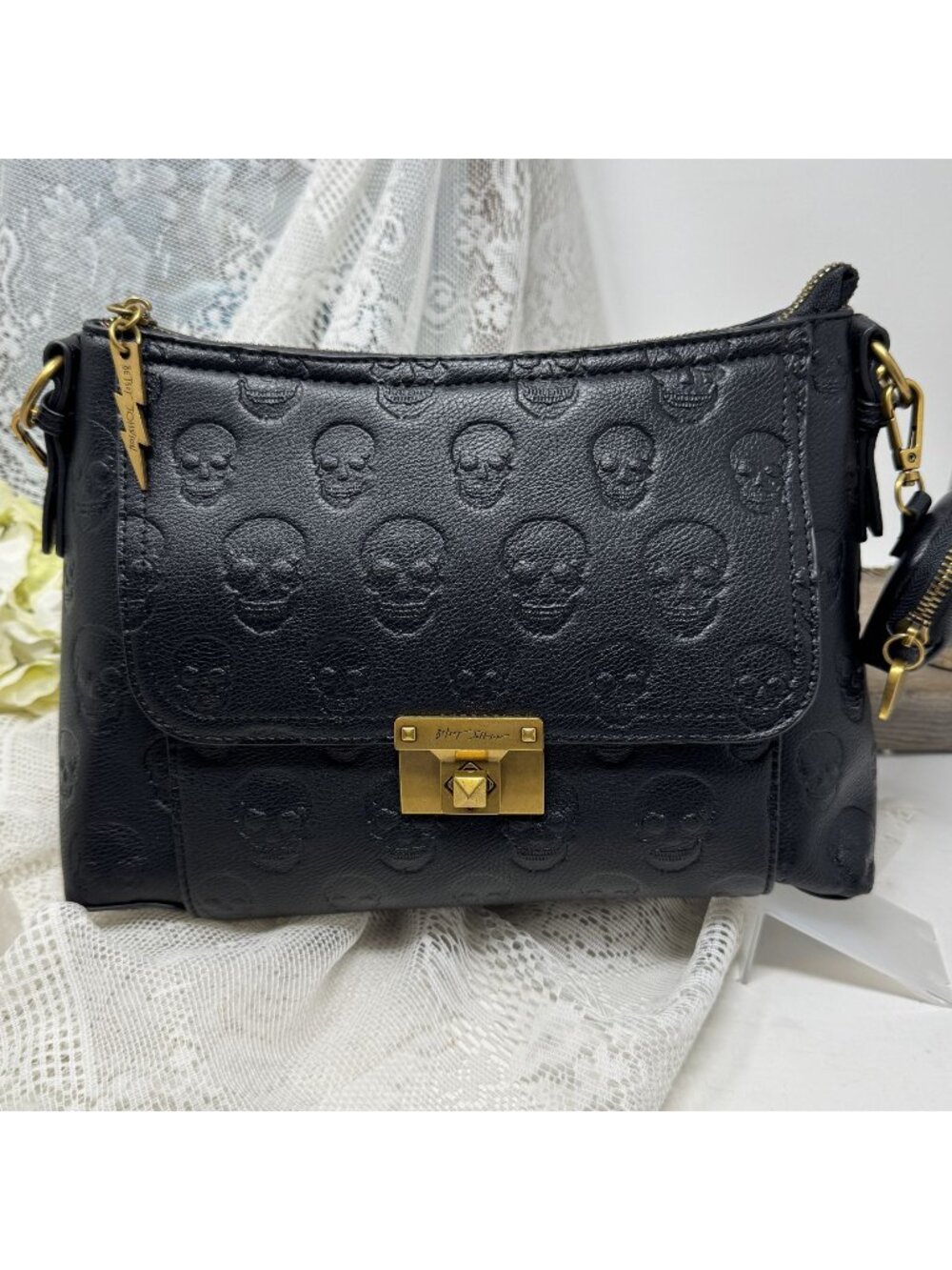 Betsey Johnson Skull Boss Satchel Black Gold Trim Top Handle